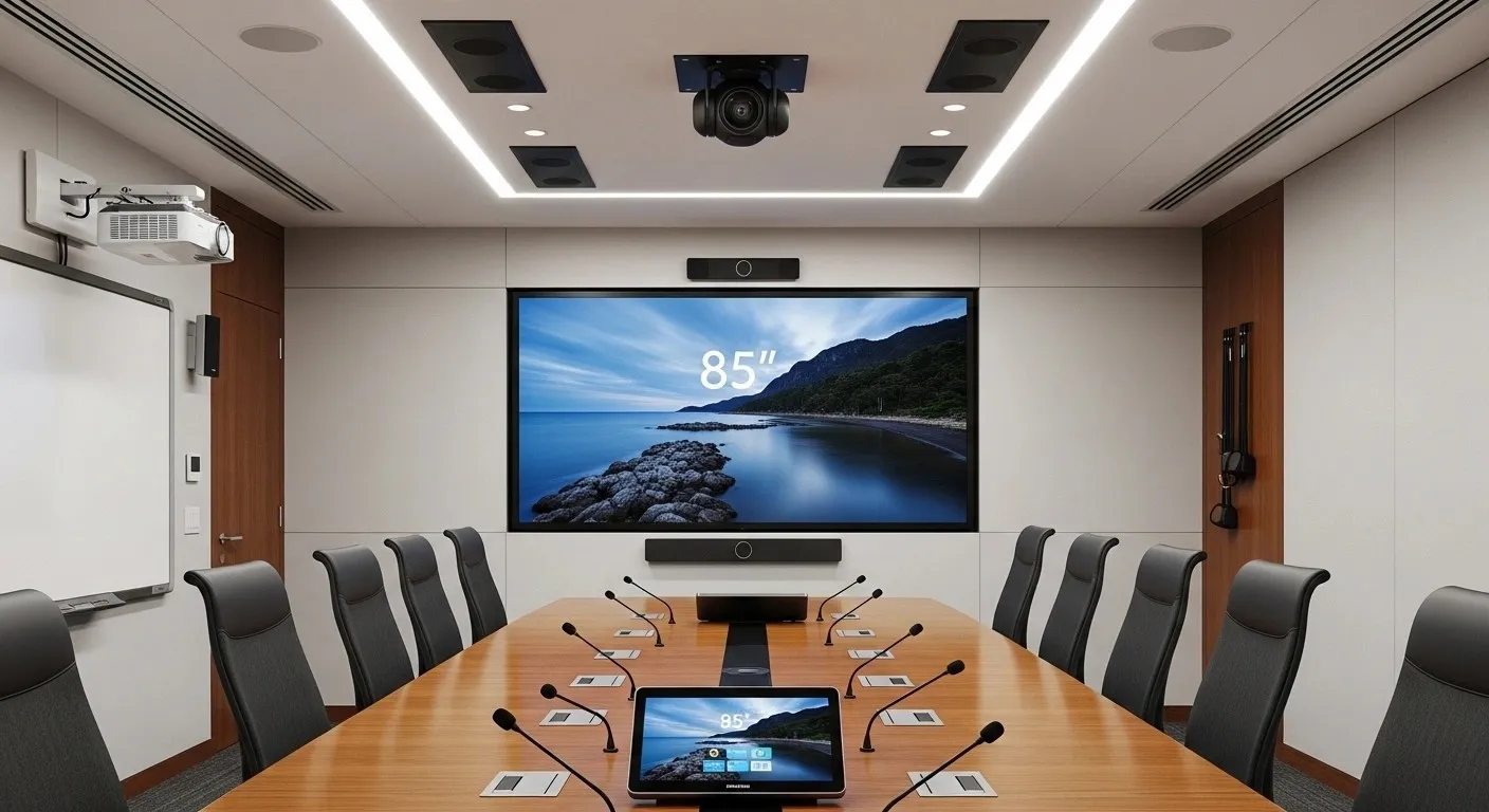 Conference room with AV display and integrated video conferencing system