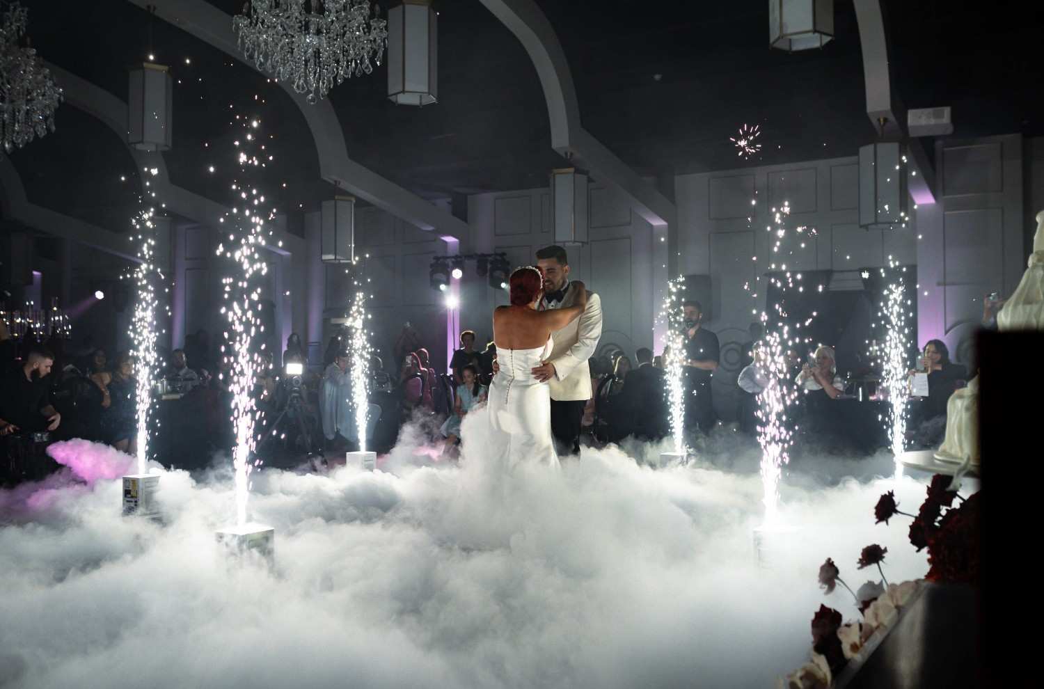 Couple dancing on LED dance floor with special effects at Sydney wedding.